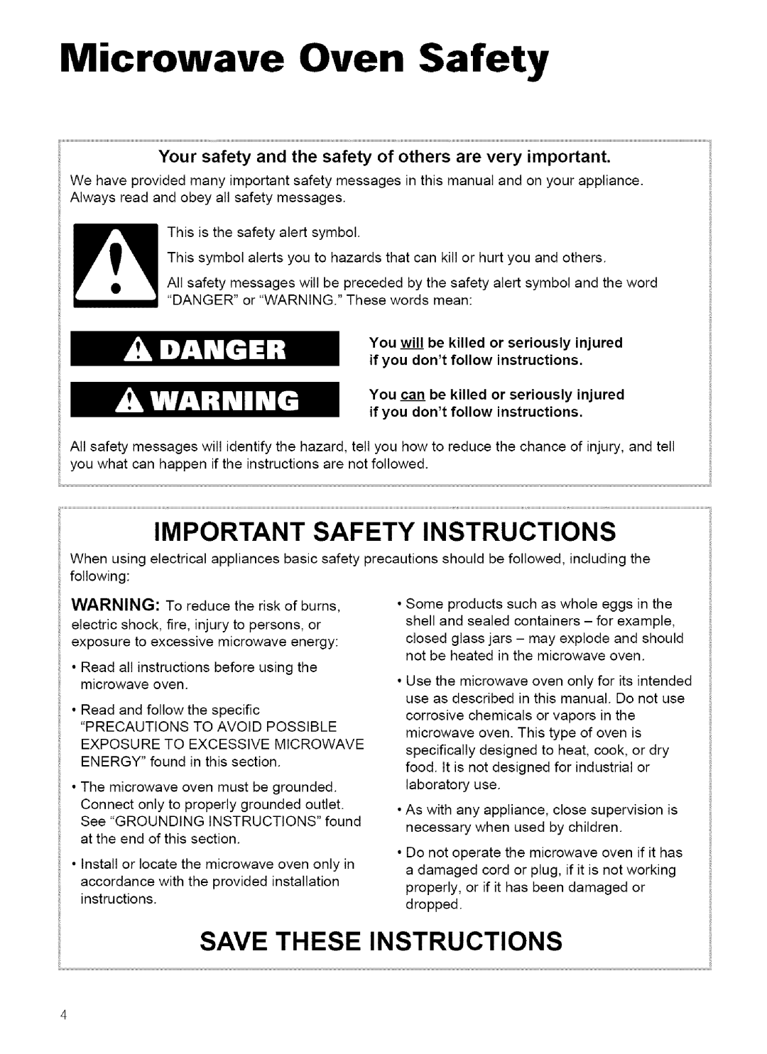 Kenmore 721.62752, 721.62759 manual Microwave Oven Safety, Important Safety Instructions, Save These Instructions 
