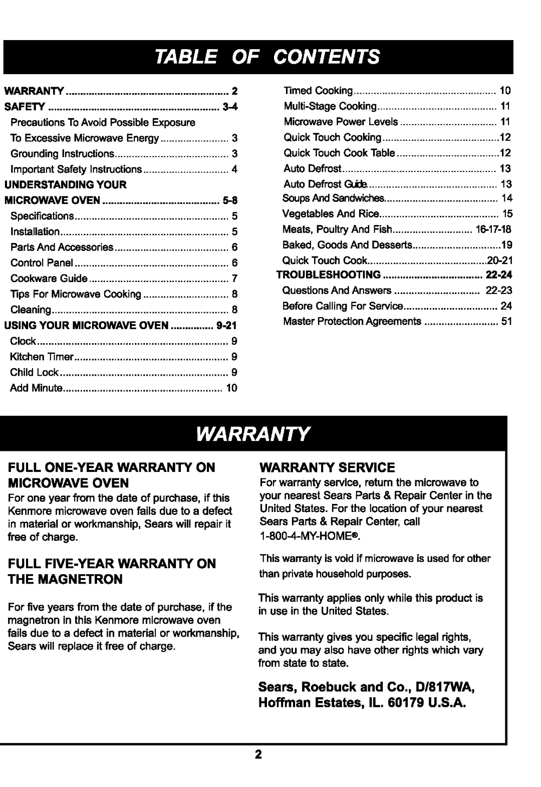 Kenmore 721.63109 manual Warranty Safety, Understanding Your Microwave Oven, Using Your Microwave Oven, Troubleshooting 