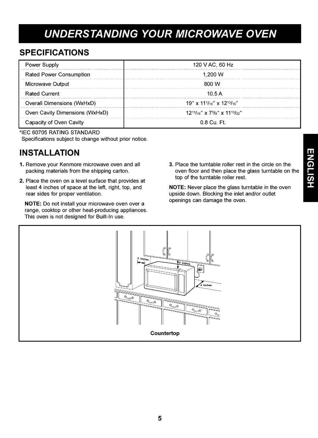 Kenmore 721.63102, 721.63109 manual Specifications, Installation 