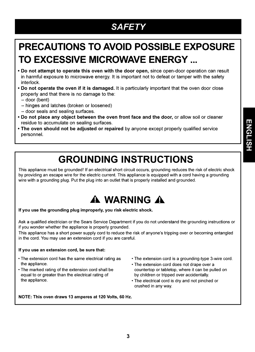 Kenmore 721.63102, 721.63109 Precautions To Avoid Possible Exposure, To Excessive Microwave Energy, Grounding Instructions 