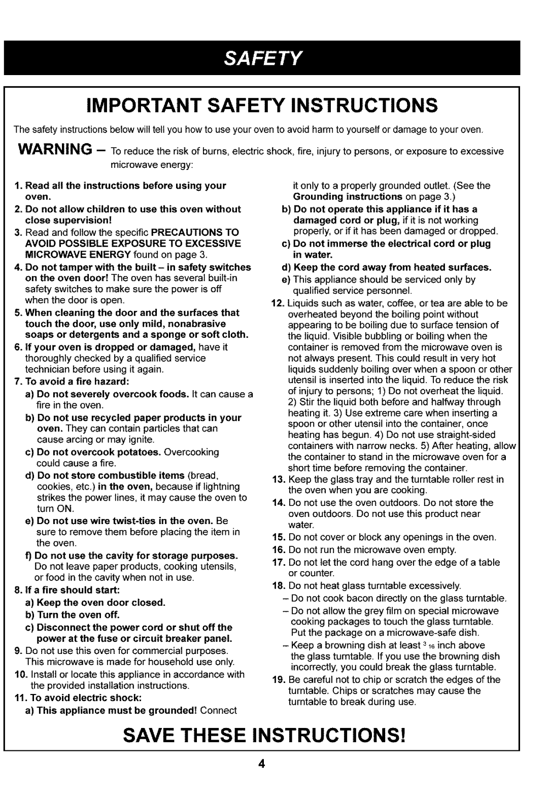 Kenmore 721.63109, 721.63102 manual Important Safety Instructions, Save These Instructions 