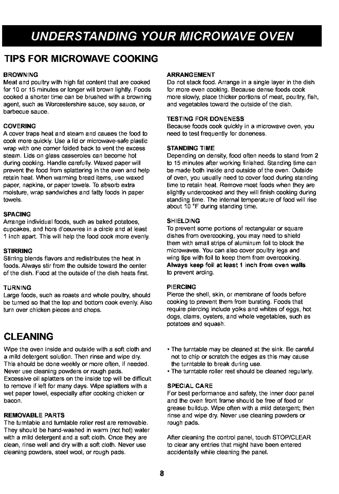 Kenmore 721.63109, 721.63102 manual Cleaning, Tips For Microwave Cooking 