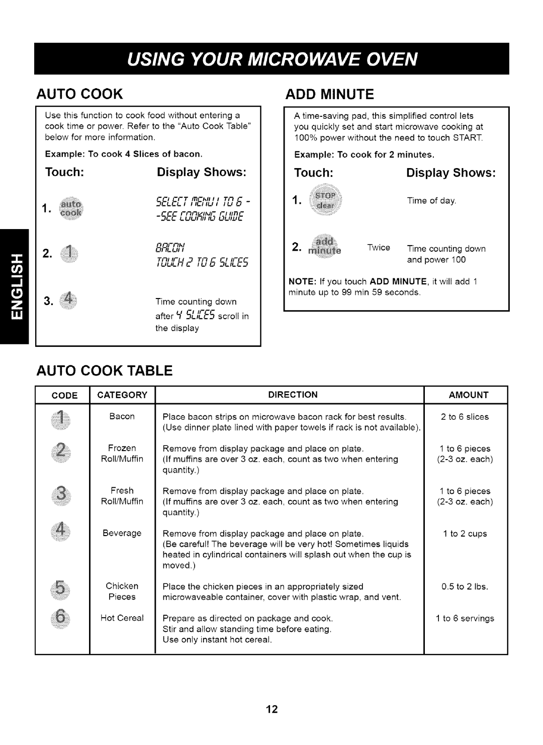 Kenmore 721.63263 manual ADD Minute, Auto Cook Table, Touch Display Shows SE,.E,., , , ,,u, 5c, ---E5 