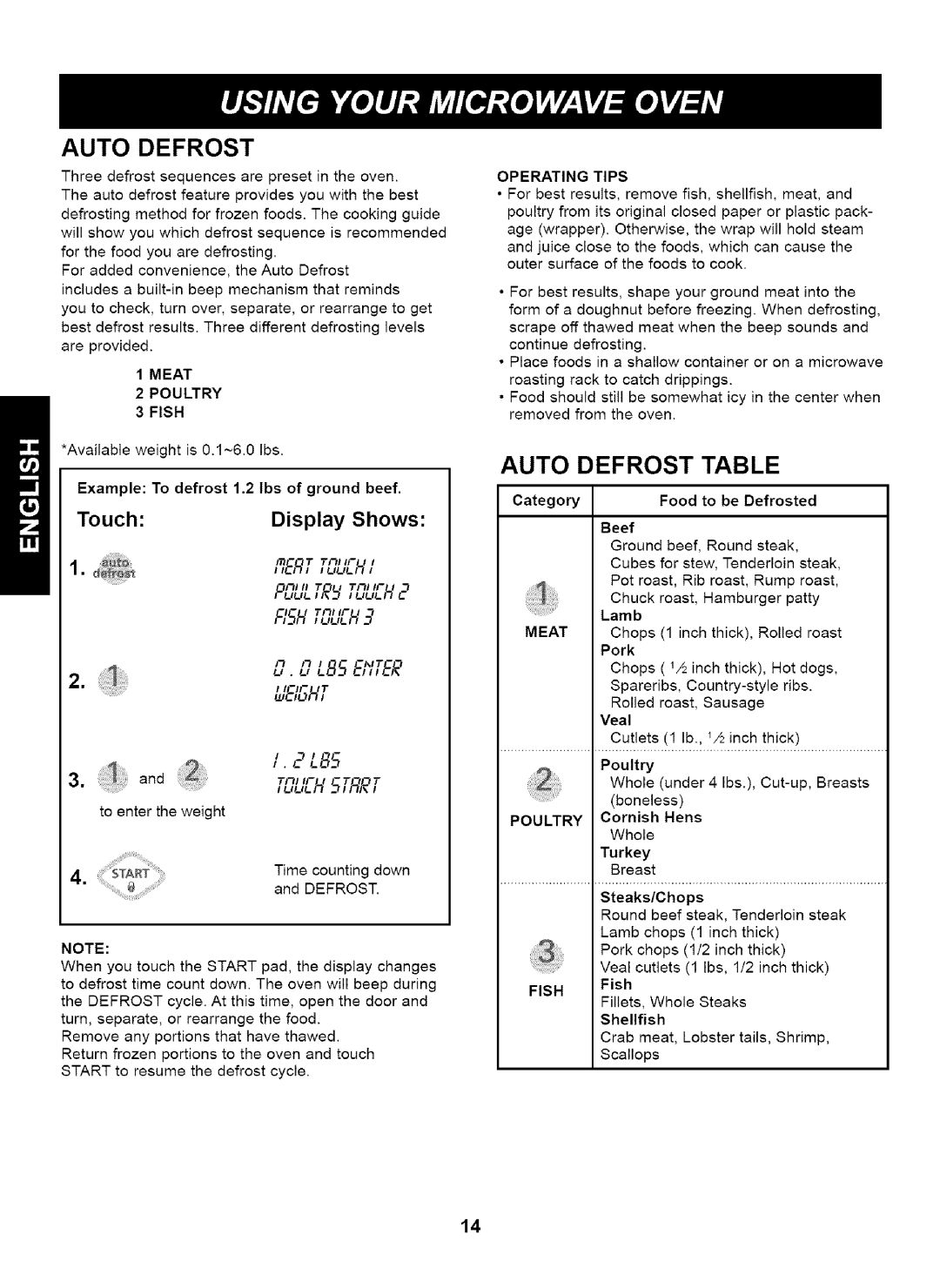 Kenmore 721.63263 manual Auto Defrost Table, FiERT ,nr,,H, Dio 