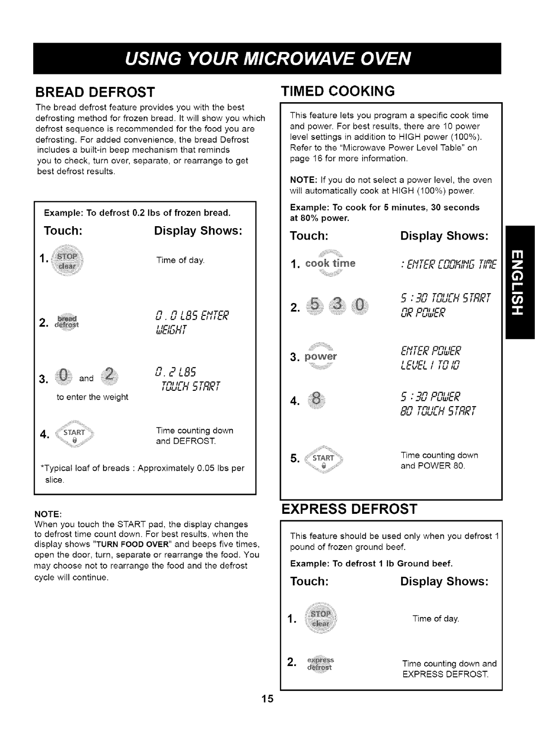 Kenmore 721.63263 manual Bread Defrost, Timed Cooking, Express Defrost, Power 