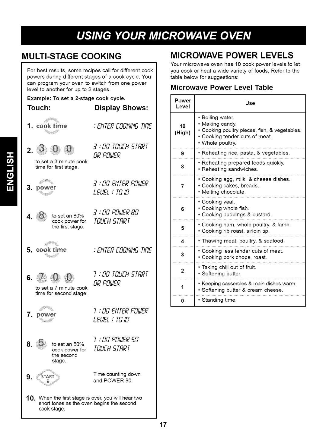 Kenmore 721.63263 manual MULTI-STAGE Cooking, Microwave Power Levels, Microwave Power Level Table, Touch Cook time 