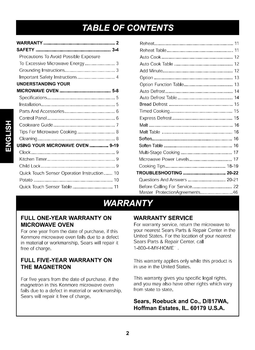 Kenmore 721.63263 manual Sears, Roebuck and Co., D/817WA Hoffman Estates, IL U.S.A, Tips For Microwave Cooking, 20-22 