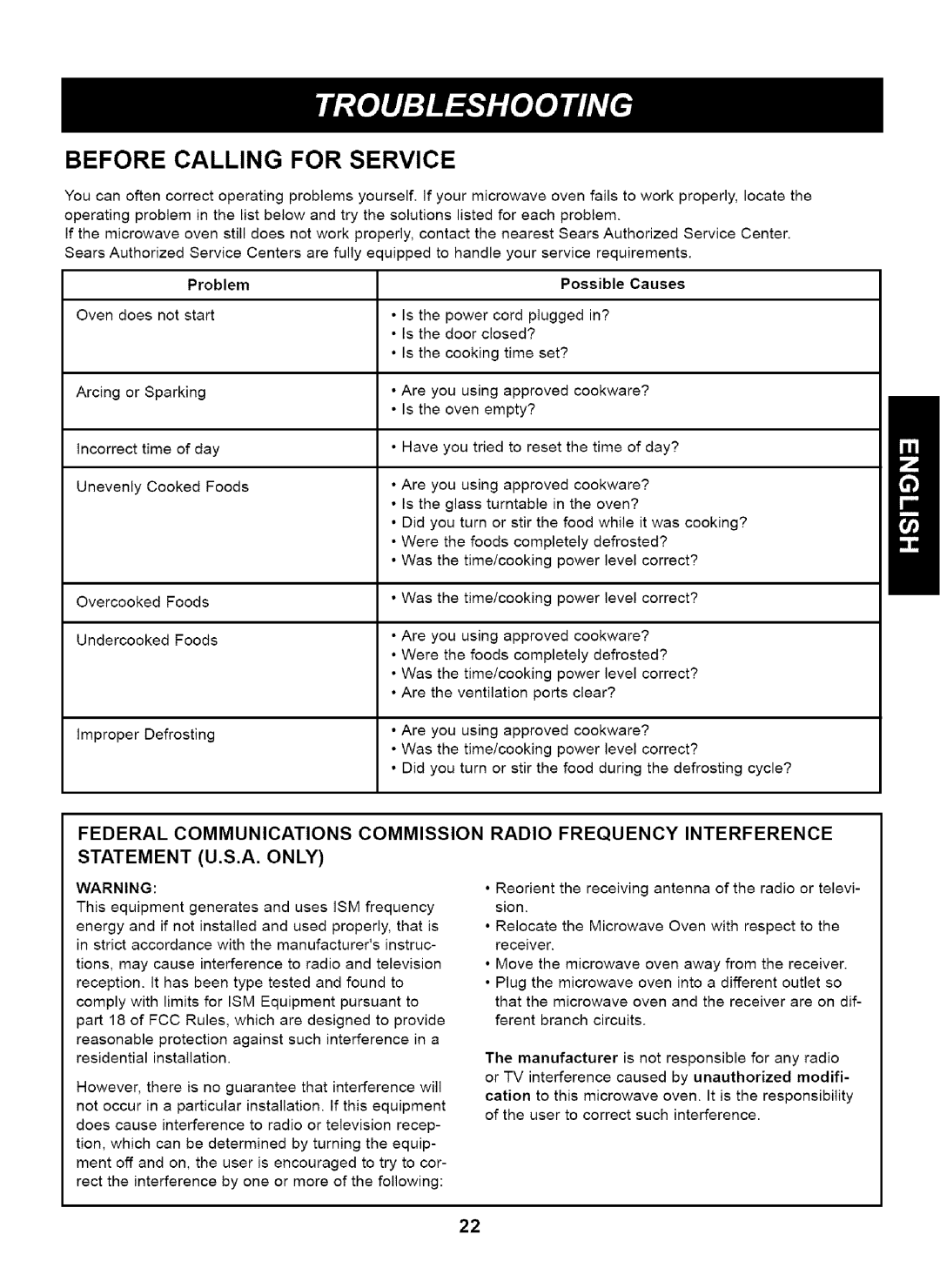 Kenmore 721.63263 manual Before Calling for Service, Problem Possible Causes 