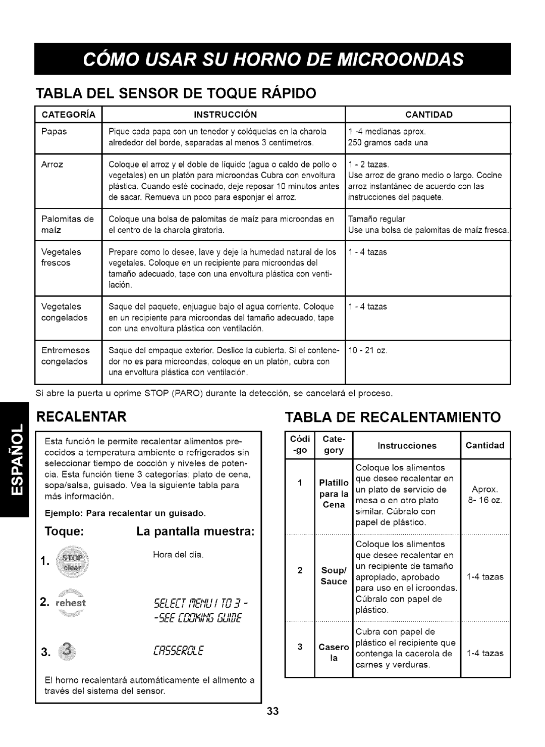 Kenmore 721.63263 manual Tabla DEL Sensor DE Toque Rapido, Recalentar, Tabla DE Recalentamiento, I.E55EF 