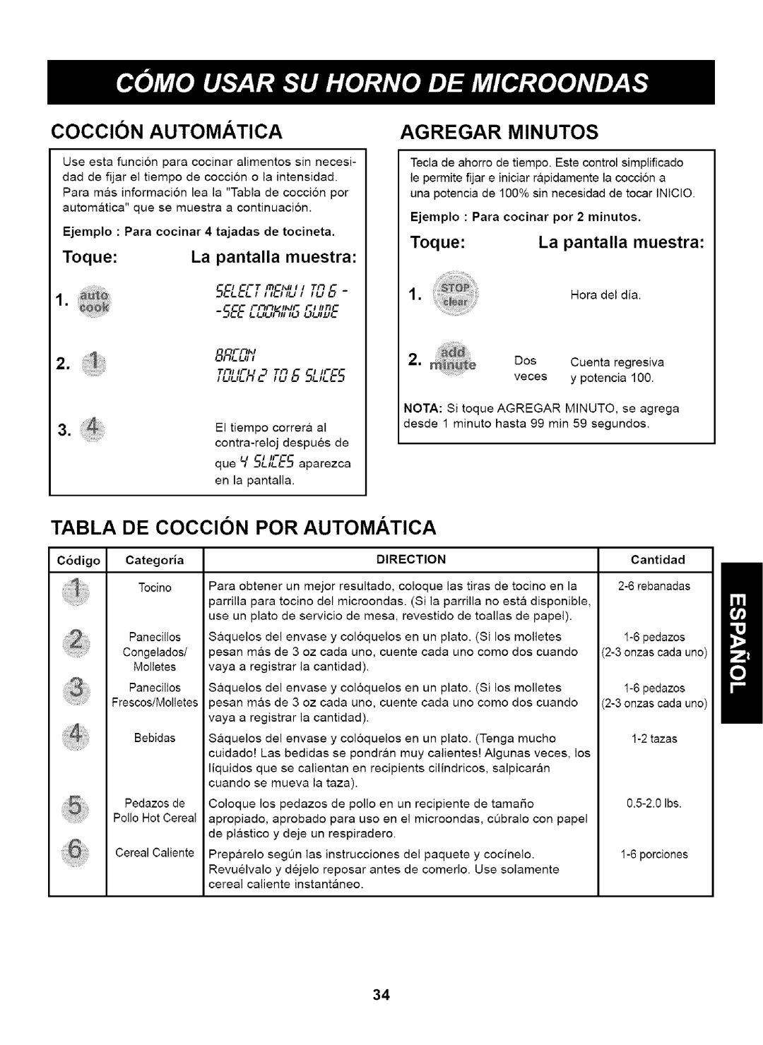 Kenmore 721.63263 Agregar Minutos, Toque Pantalla Muestra, L- l , J, C6digo Categoria Tocino, Pedazos de Polio Hot Cereal 