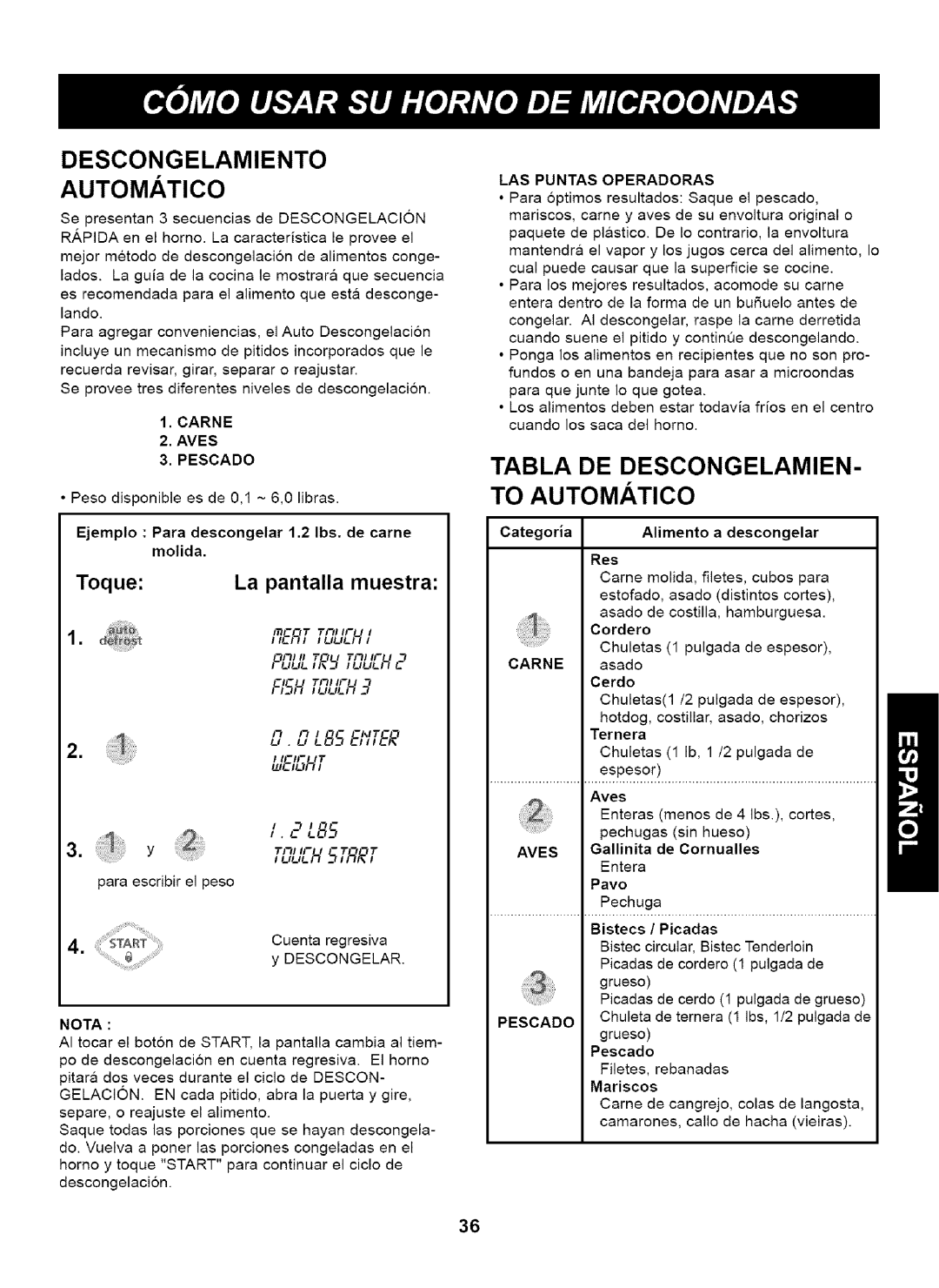 Kenmore 721.63263 manual Tabla DE DESCONGELAMIEN- to Automatico, Ejemplo Para descongelar 1.2 Ibs. de came Molida 