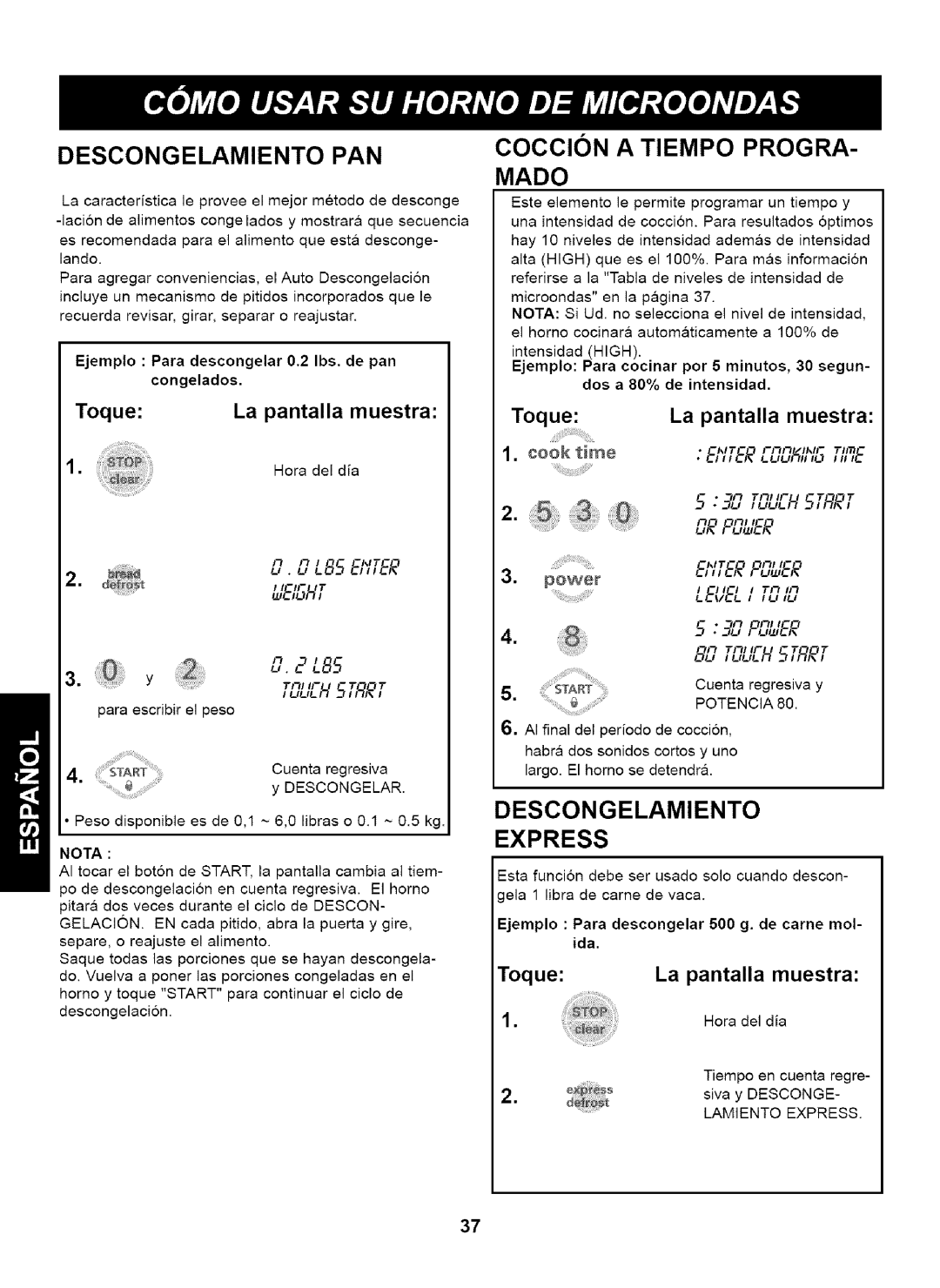 Kenmore 721.63263 manual Descongelamiento PAN, Descongelamiento Express, QbFL 