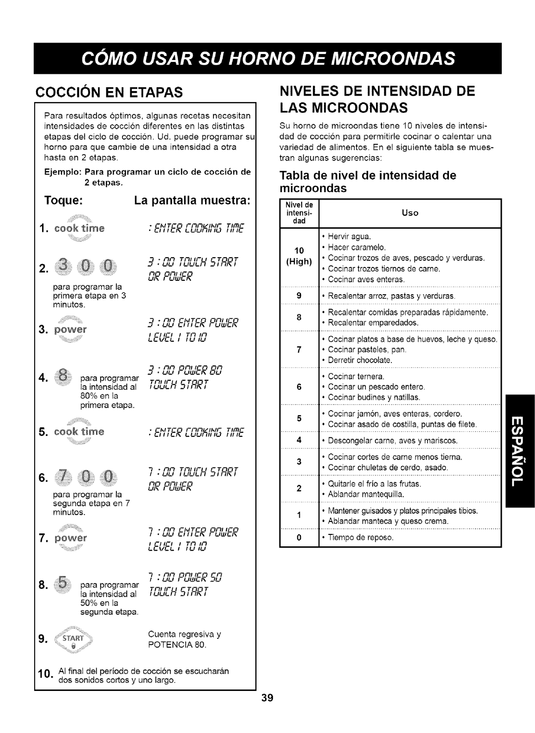 Kenmore 721.63263 LAS Microondas, Tabla de nivel de intensidad de microondas, LlEF, t-uu Tim,E Nnt-lt-,,tT,-,ut-I,JH51-T,7 