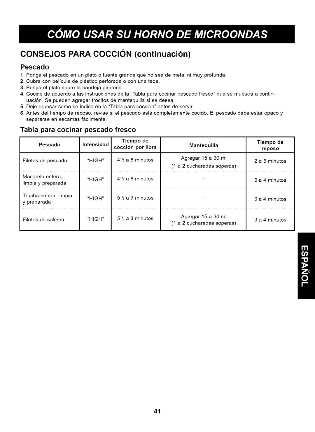 Kenmore 721.63263 manual Tabla Para Cocinar Pescado Fresco, Tiempo Mantequilla Tiempo de, Entera 