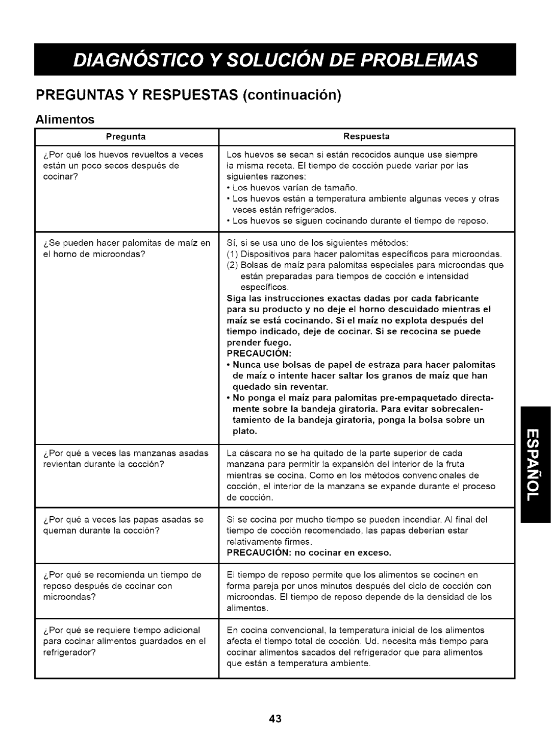 Kenmore 721.63263 manual Alimentos, Se pueden hacer palomitas de maiz en el homo de microondas?, Preoaucion, Exceso 