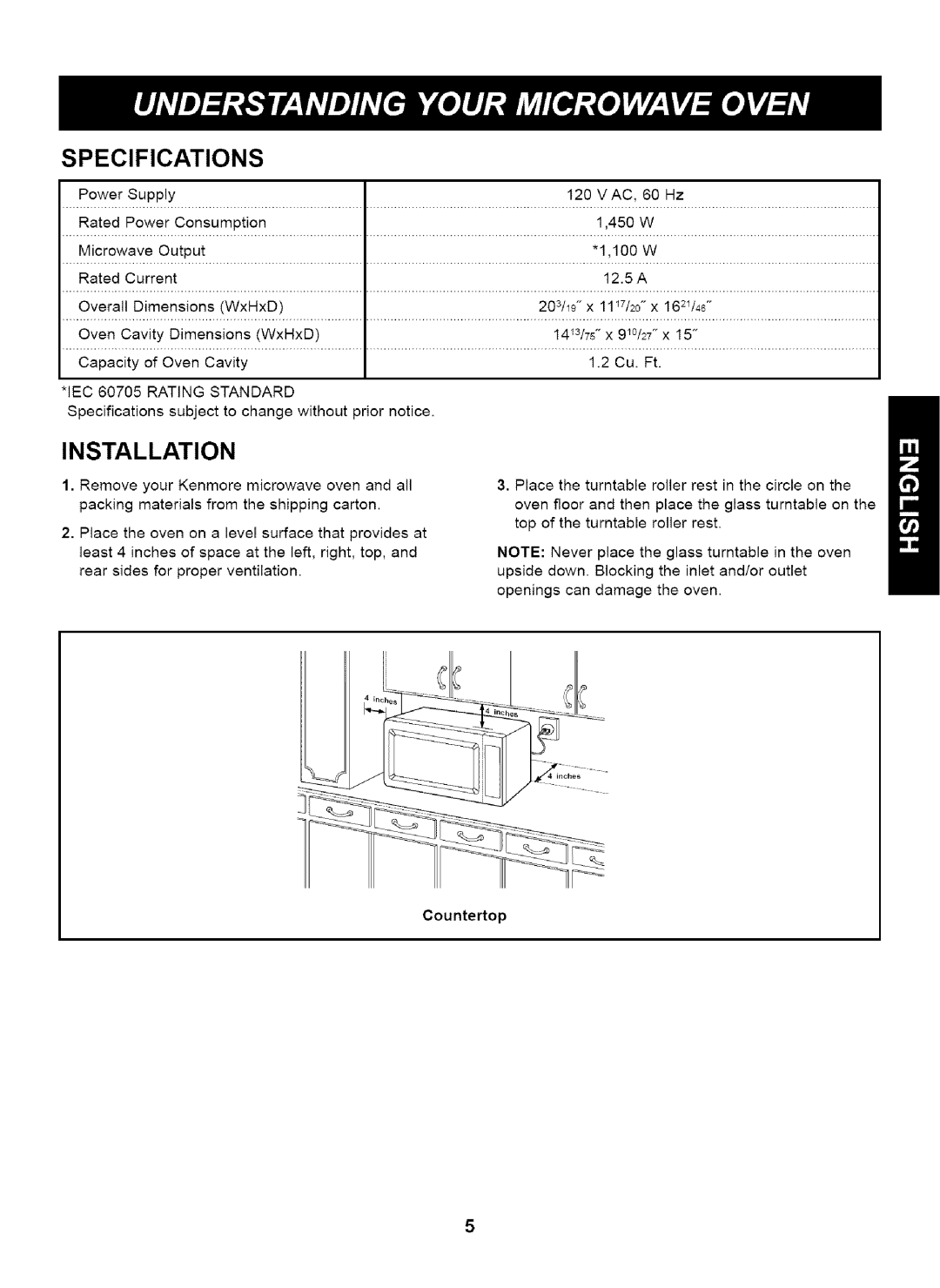 Kenmore 721.63263 manual Specifications, Installation, Counteop, Rating Standard 