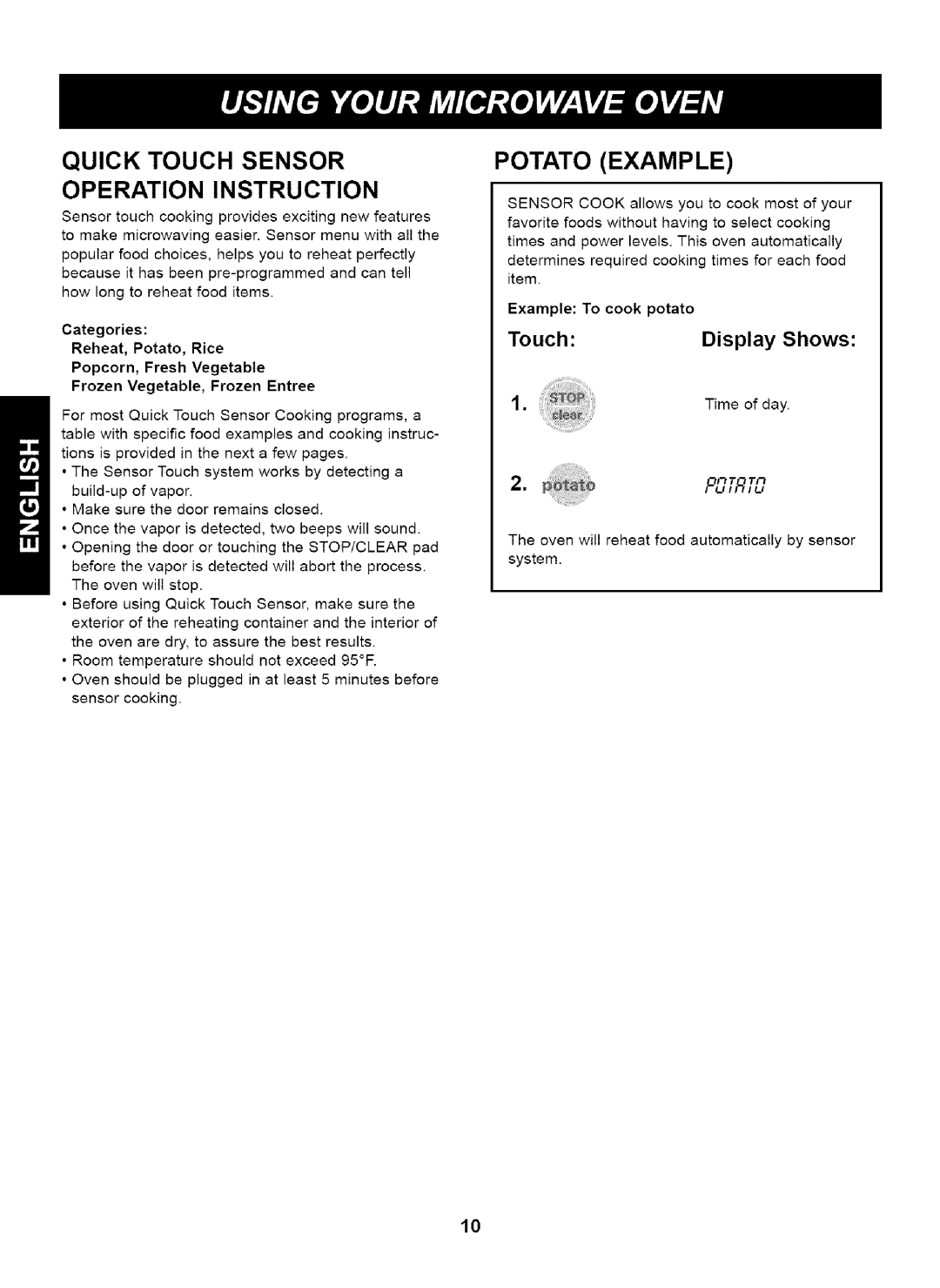 Kenmore 721.63263 manual Quick Touch Sensor Operation Instruction, Potato Example, Display Shows 