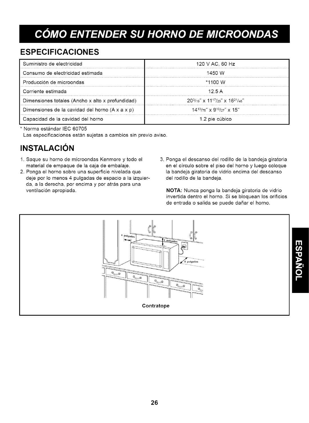 Kenmore 721.63263 manual ESPEClFICAClONES, INSTALAClON 