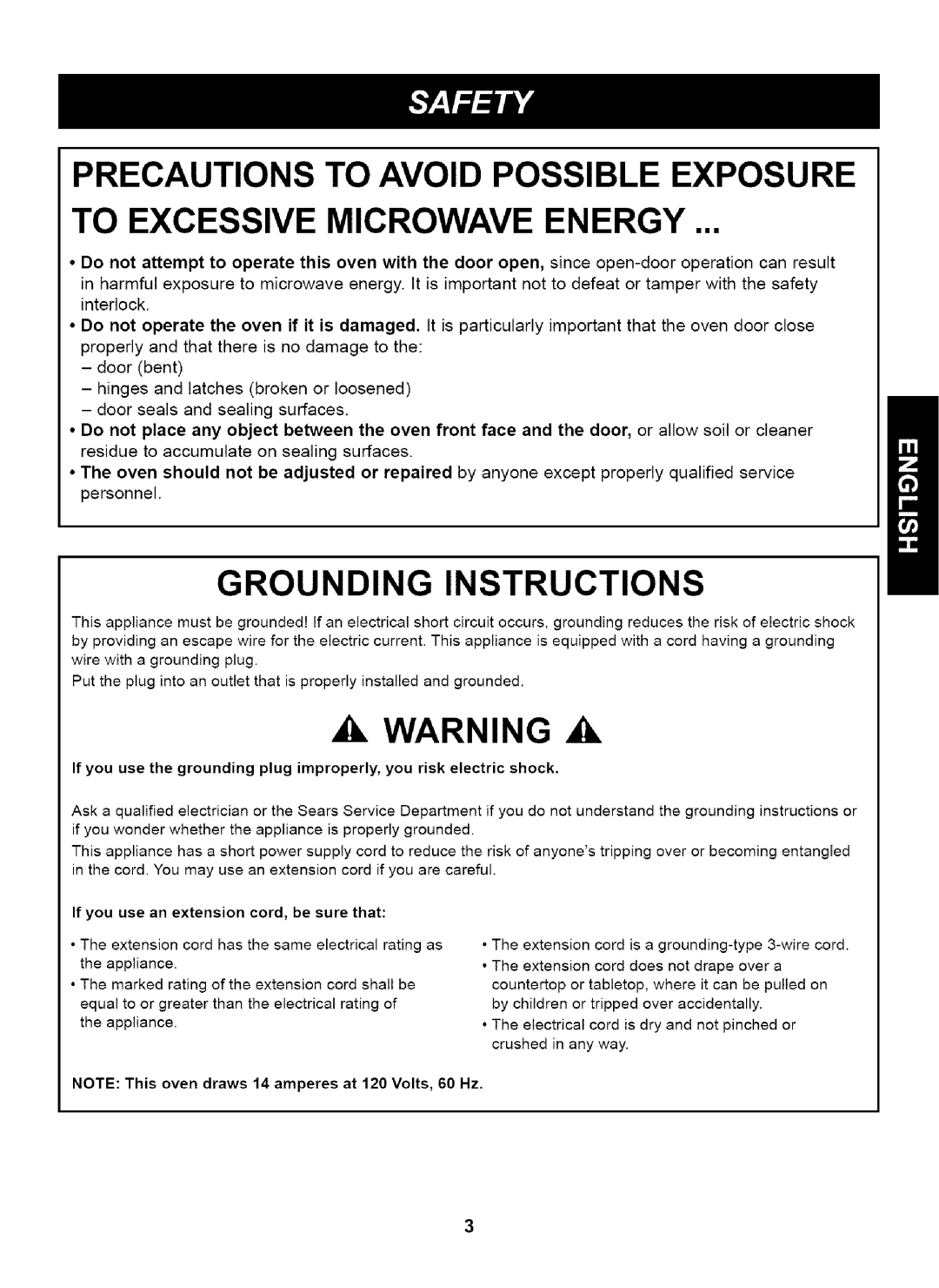 Kenmore 721.63263 manual Precautions To Avoid Possible Exposure, To Excessive Microwave Energy, Grounding Instructions 