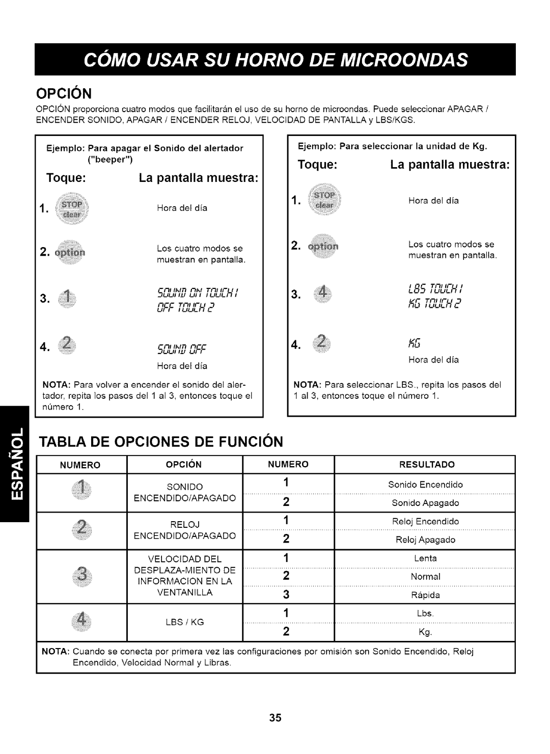 Kenmore 721.63263 manual Tabla De Opciones De Funcion, pantalla, muestra, Toque, 2,FF,T_- , ,_ 