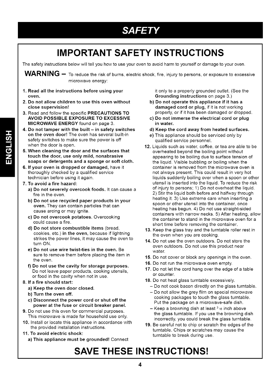 Kenmore 721.63263 manual Important Safety Instructions, Save These Instructions 
