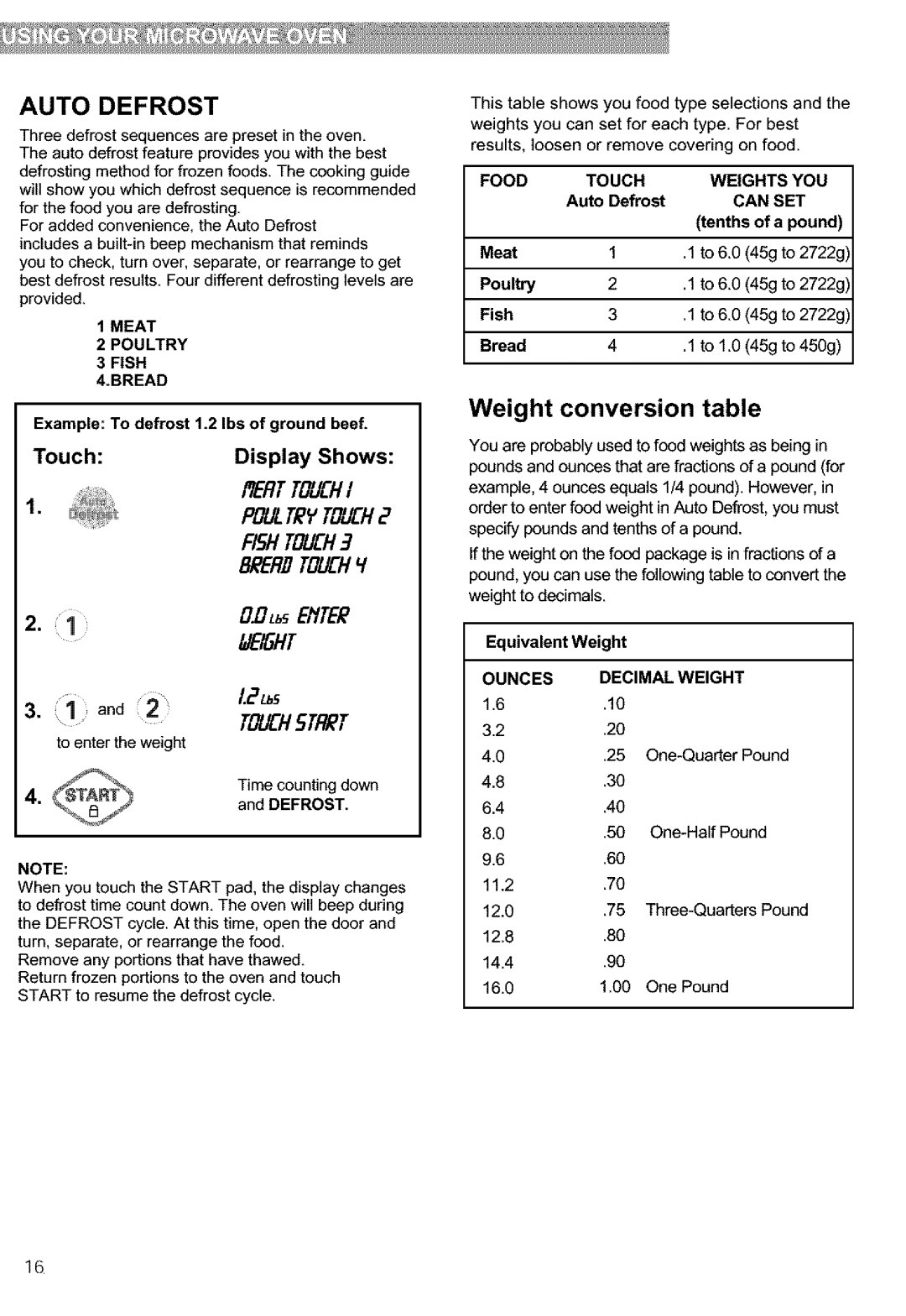 Kenmore 721.63654, 721.63659, 721.63653, 721.63652 manual Auto Defrost, Weight conversion table, Food Touch, Can SET 