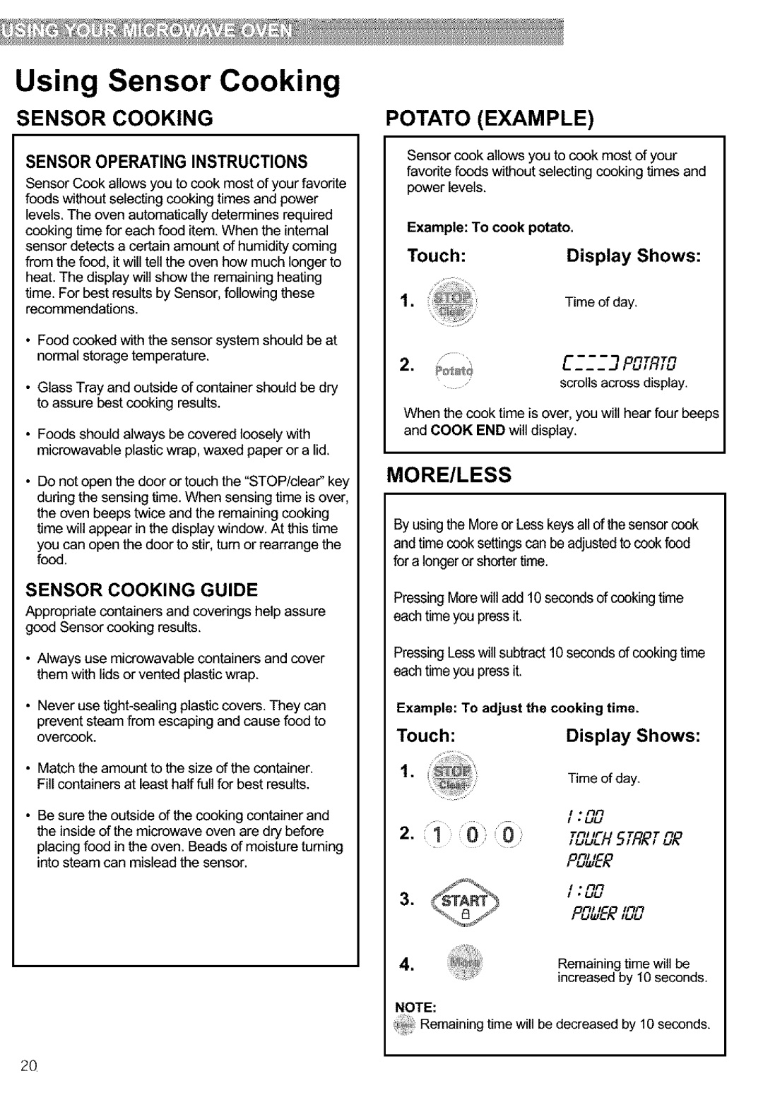 Kenmore 721.63654, 721.63659, 721.63653 manual Potato Example, More/Less, Sensor Cooking Guide, Example To cook potato 