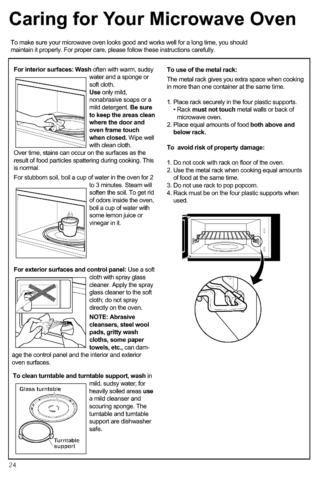 Kenmore 721.63654, 721.63659, 721.63653 manual Caring for Your Microwave Oven, To clean turntable and turntable support, wash 