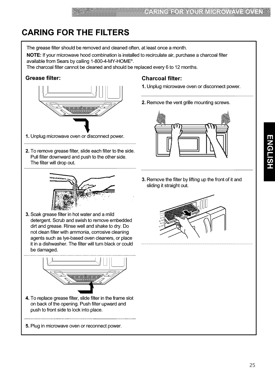 Kenmore 721.63659, 721.63654, 721.63653, 721.63652 manual Caring for the Filters, Grease filter, Be damaged, Charcoal filter 