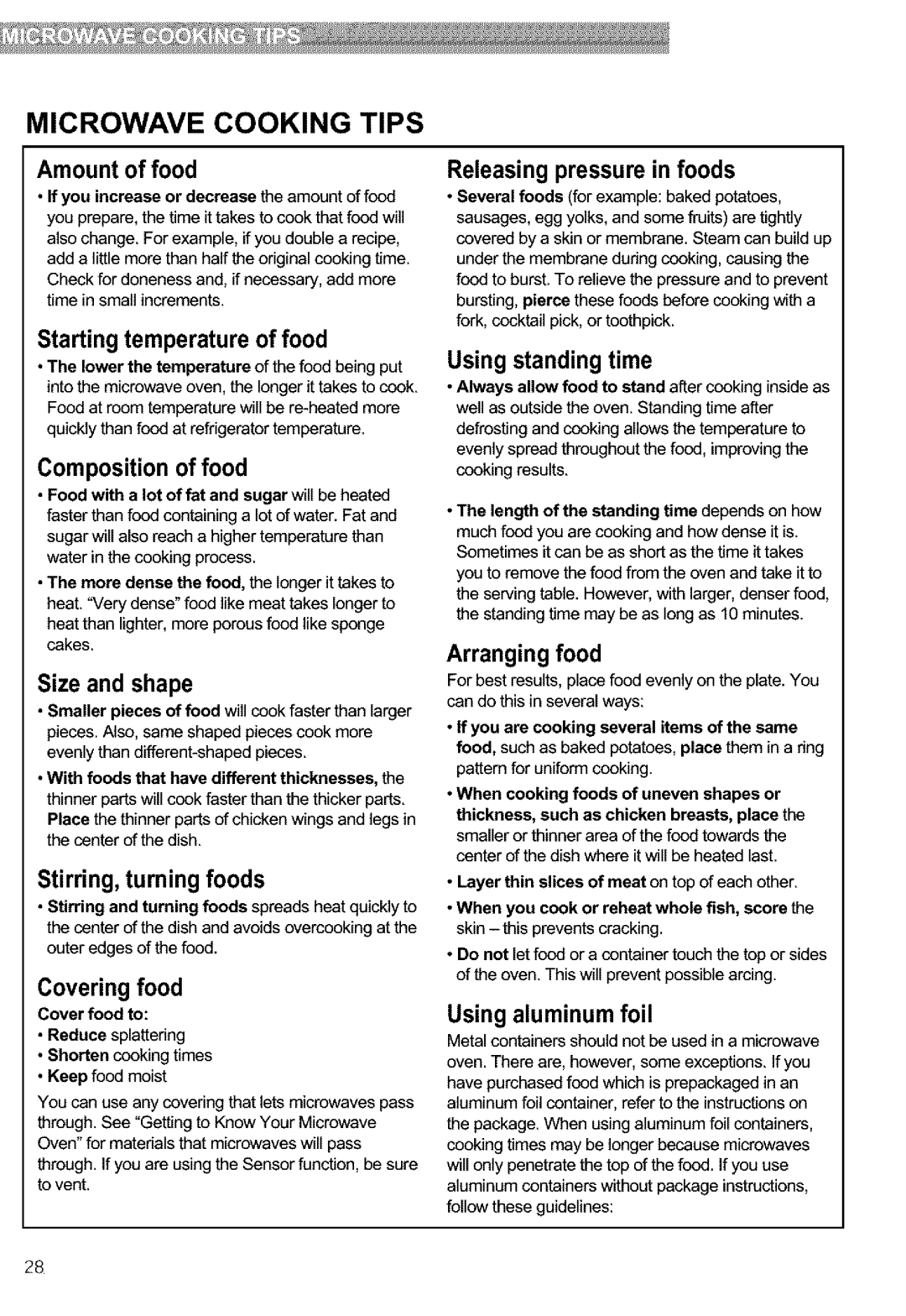 Kenmore 721.63654, 721.63659, 721.63653, 721.63652 manual Microwave Cooking Tips 