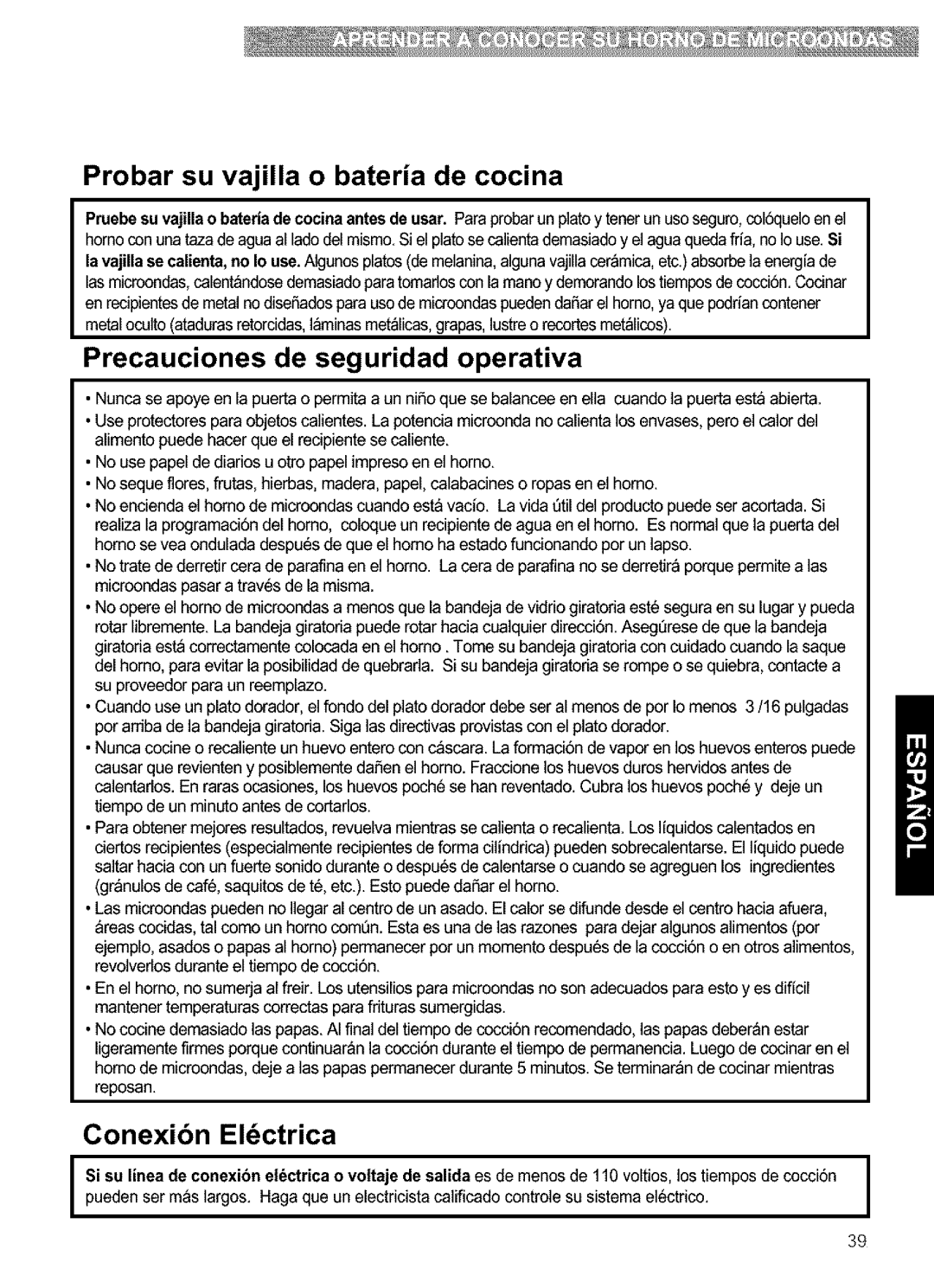 Kenmore 721.63652 manual Probar su vajilla o bateria de cocina, Precauciones de seguridad operativa, Conexibn El ctrica 