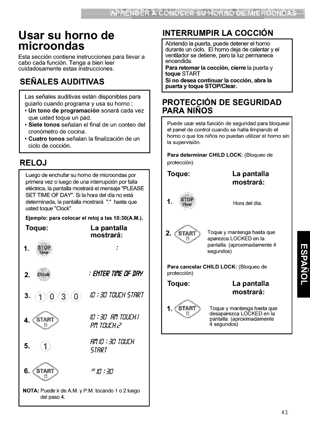 Kenmore 721.63652, 721.63654 manual Senales AU Ditivas, Reloj, Interrumpir LA Coccion, Proteccion DE Seguridad Para Ninos 