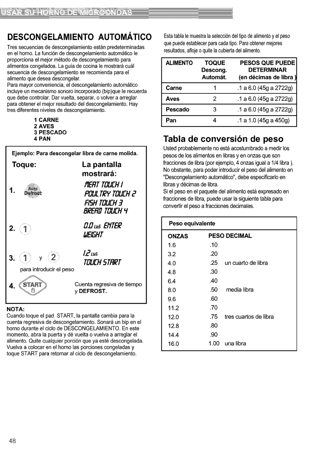 Kenmore 721.63654 Descongelamiento Automatico, Tabla de conversibn de peso, Ammento Toque Pesos QUE Puede, Determinar 