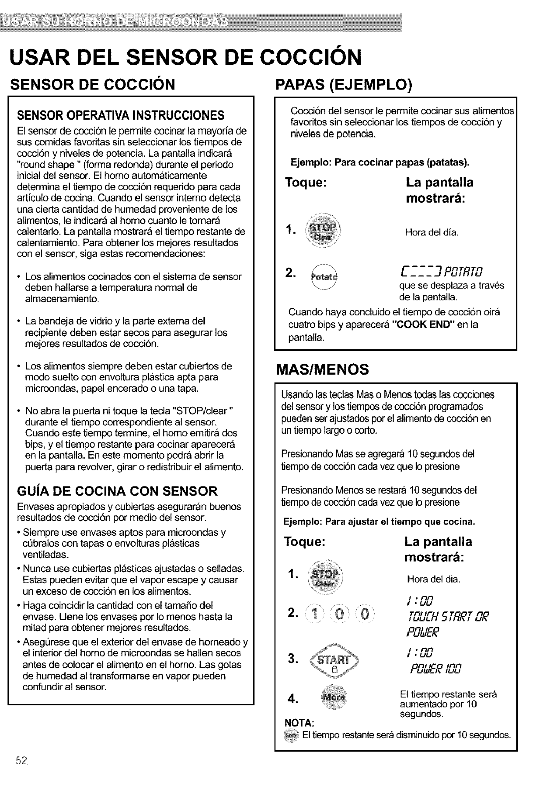 Kenmore 721.63654, 721.63659 manual Sensor DE Coccin, Papas Ejemplo, Mas/Menos, Ejemplo Para cocinar papas patatas, Nota 