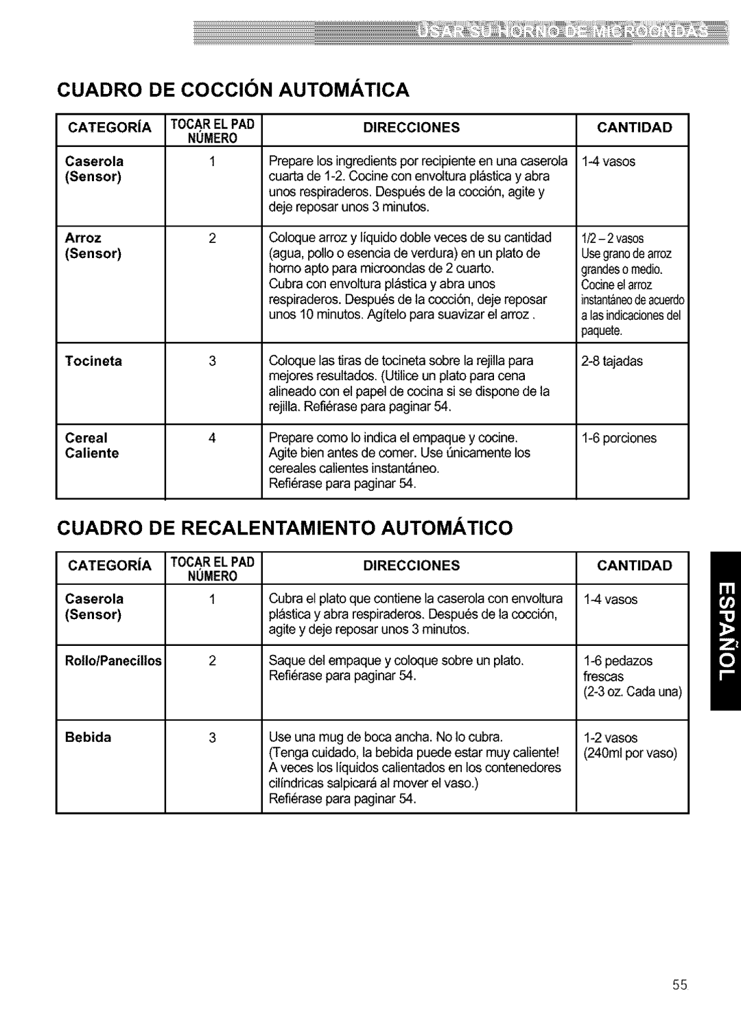 Kenmore 721.63652 manual Cuadro DE Cocci N Automatica, Cuadro DE Recalentamiento, Tocarelpad Direcciones Cantidad Numero 