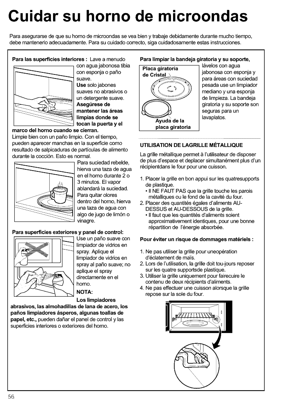 Kenmore 721.63654 Cuidar su horno de microondas, Placa giratoria de Cristal, Nota, Utilisation DE Lagrille Metallique 
