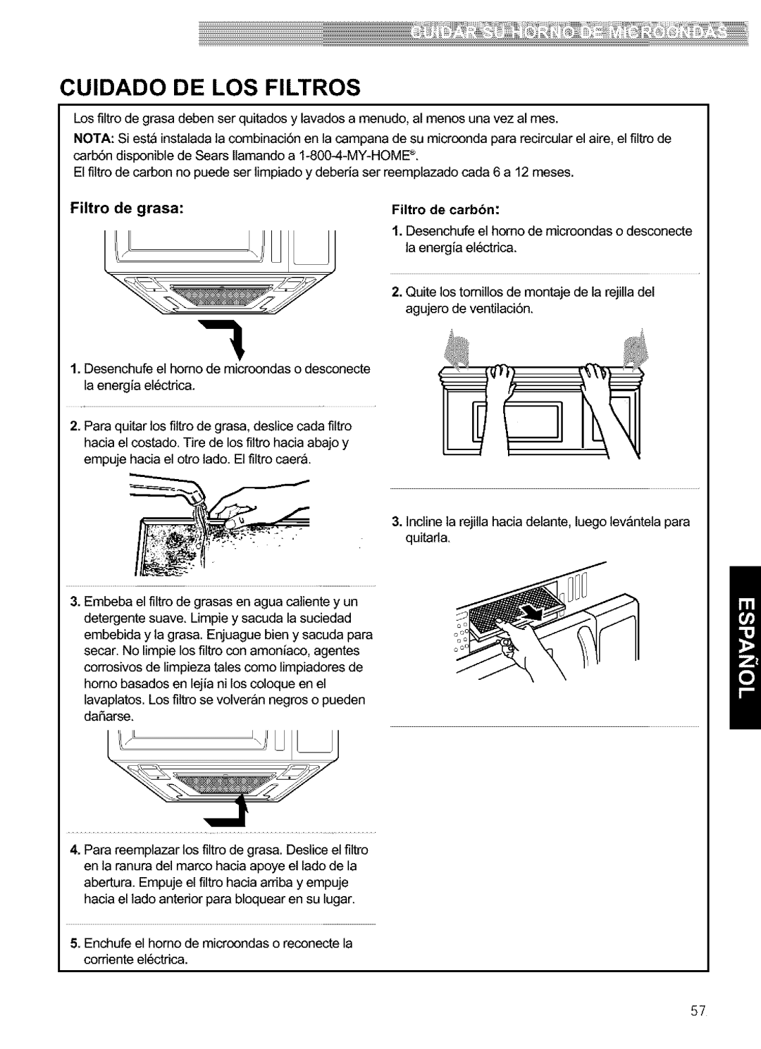 Kenmore 721.63659, 721.63654, 721.63653, 721.63652 manual Cuidado DE LOS Filtros, FUtro de grasa Filtro de carbbn 