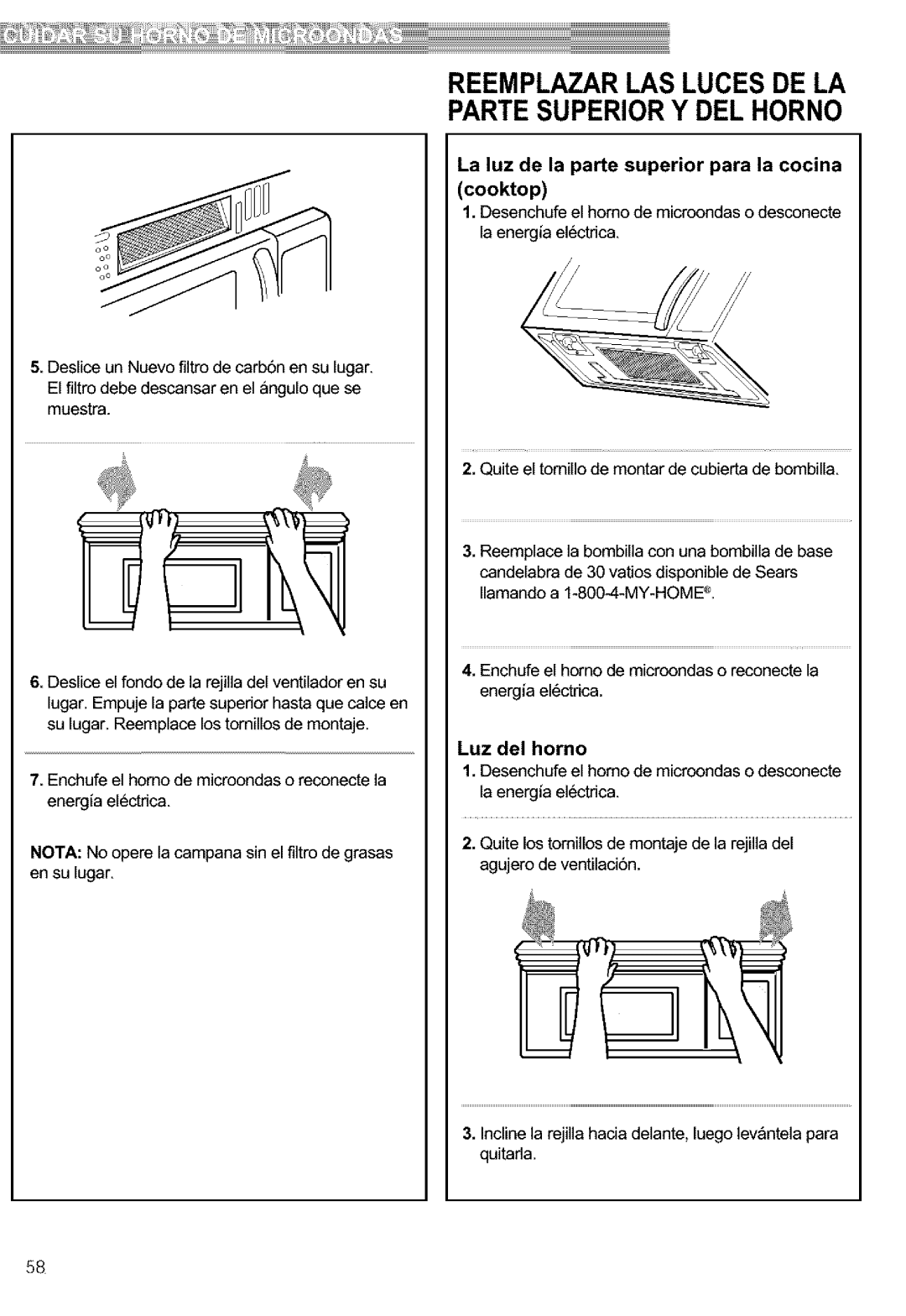 Kenmore 721.63653, 721.63654, 721.63659, 721.63652 manual La luz de la parte superior para la cocina Cooktop, Luz del homo 