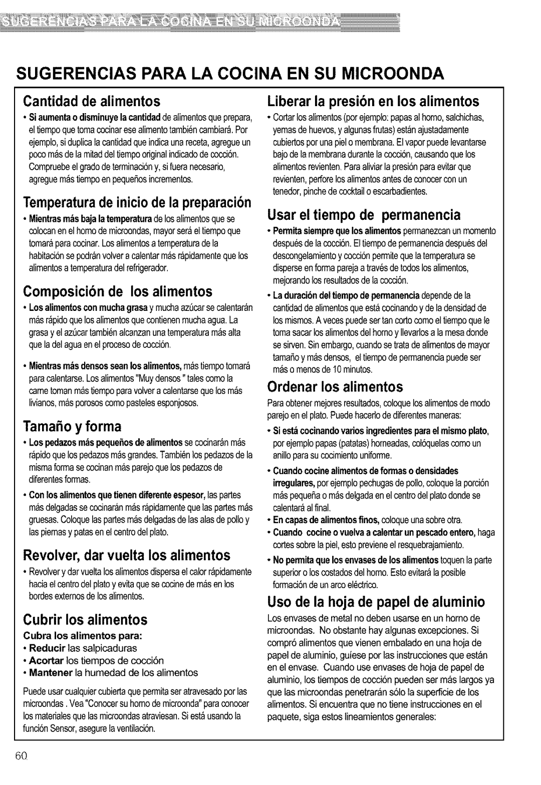 Kenmore 721.63654, 721.63659 manual Temperaturade iniciode la preparaci6n, Composicidn de los alimentos, Tamafio y forma 