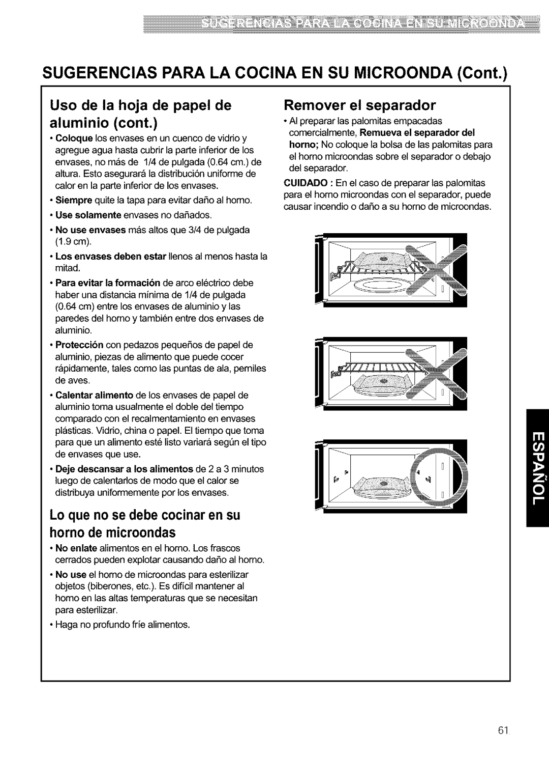 Kenmore 721.63659, 721.63654 Sugerencias Para LA Cocina EN SU Microonda, Uso de la hoja de papel de, Remover el separador 