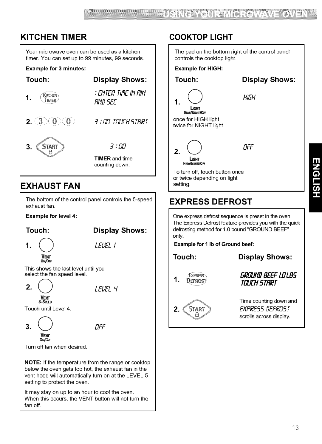 Kenmore 721.64684, 721.64689, 721.64682, 721.64683 manual Kitchen Timer, Exhaust FAN, Cooktop Light, Express Defrost 