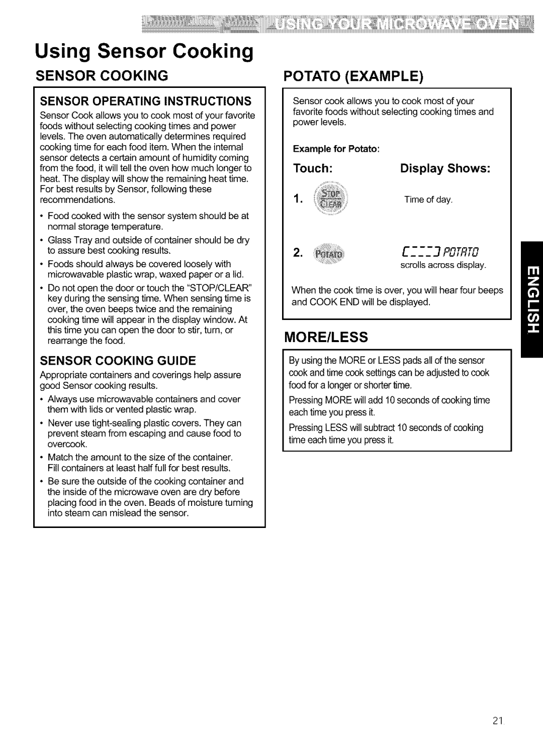 Kenmore 721.64684, 721.64689, 721.64682 Sensor Cooking, Potato Example, More/Less, Example for Potato Touch, Time of day 