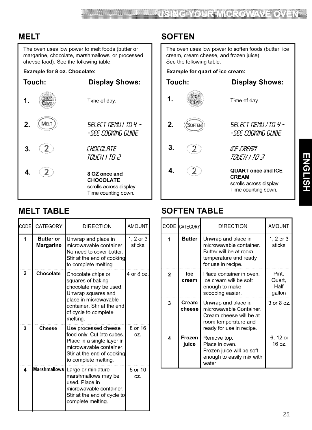 Kenmore 721.64684, 721.64689, 721.64682, 721.64683 manual Melt Table, Soften Table 