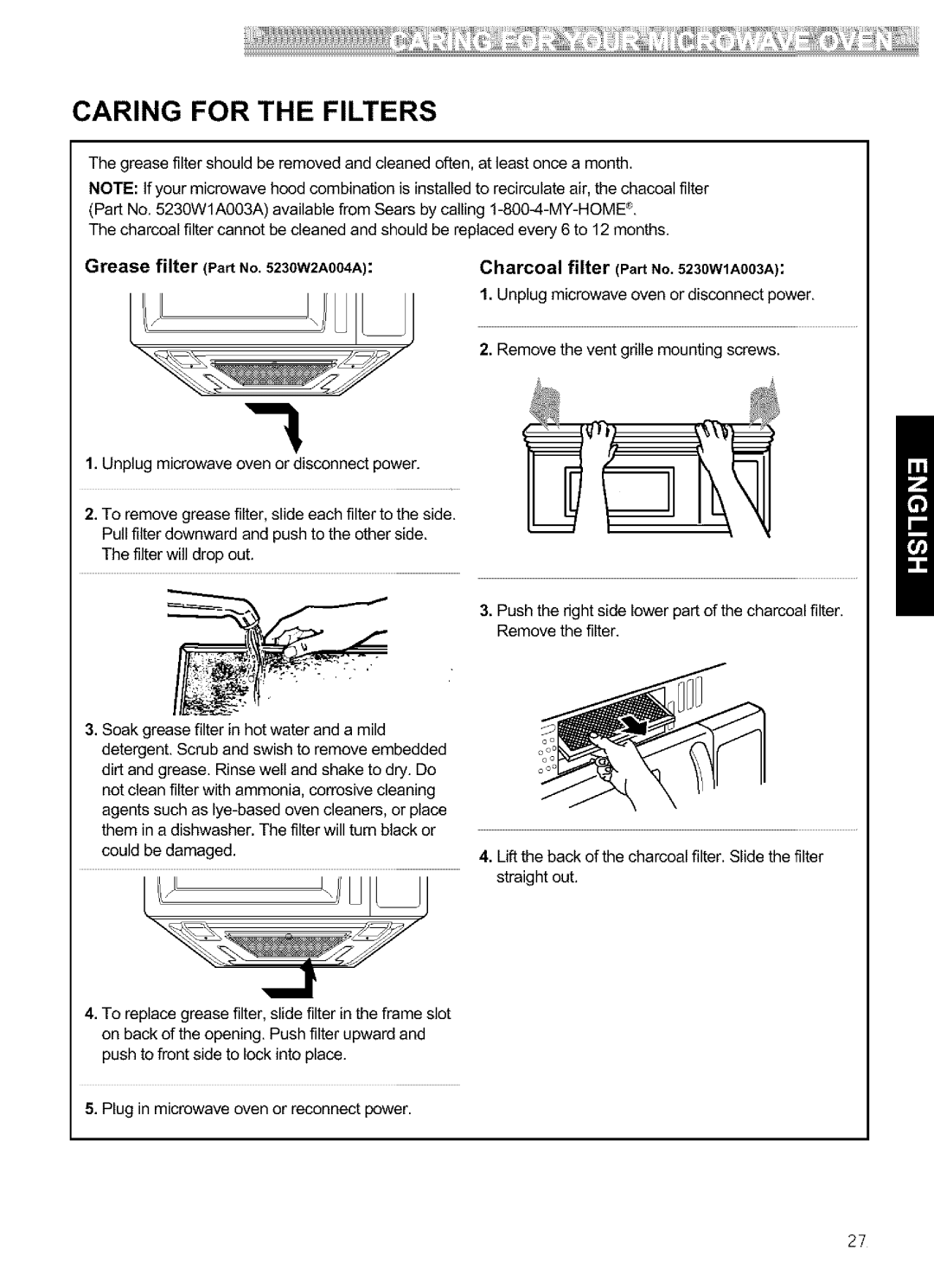 Kenmore 721.64683, 721.64689, 721.64684, 721.64682 manual Caring for the Filters, Filter Part No WIA003A 