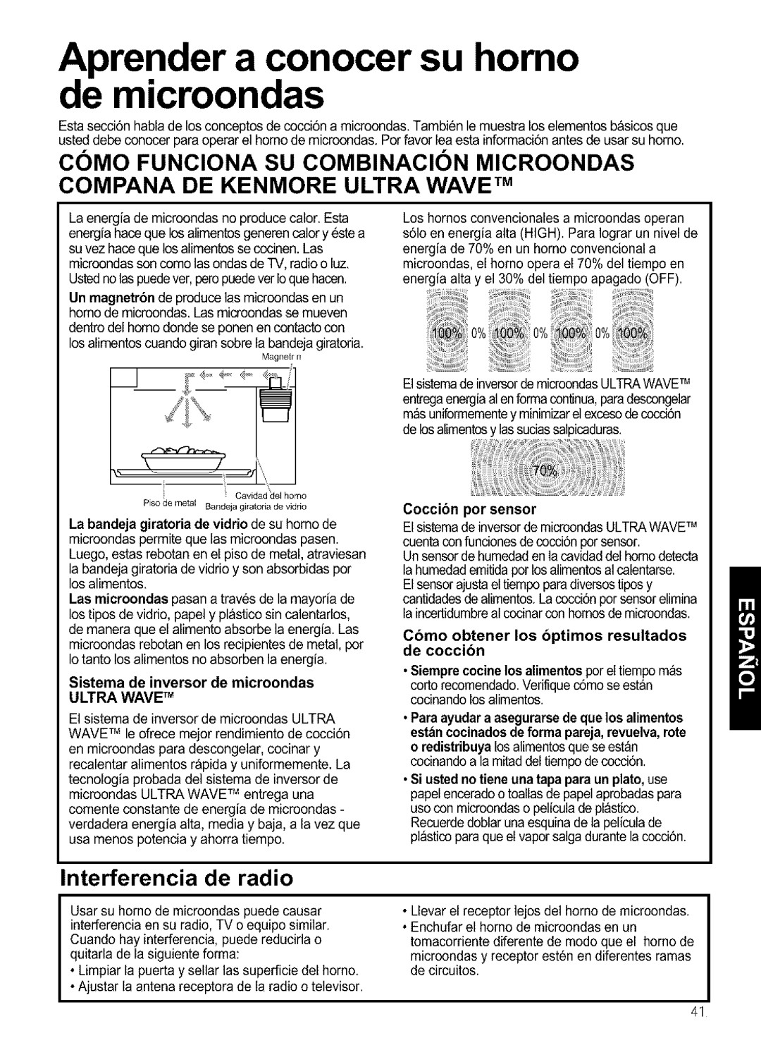 Kenmore 721.64684 Interferencia de radio, La bandeja giratoria de vidrio de su homo de, Sistema de inversor de microondas 