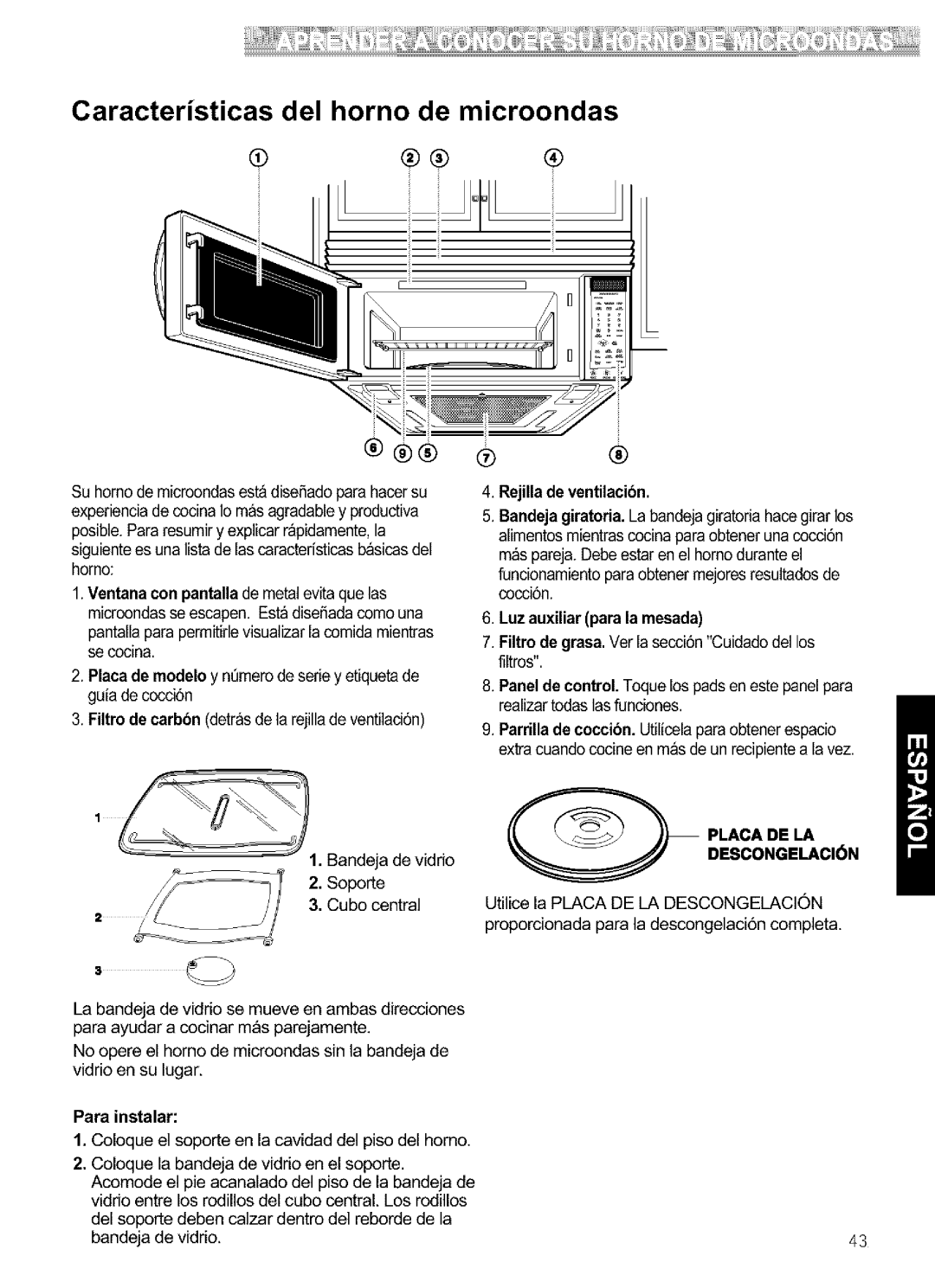 Kenmore 721.64683 Caracteristicas del horno de microondas, Para instalar, Rejillade ventUacibn, Luz auxiliarpara la mesada 