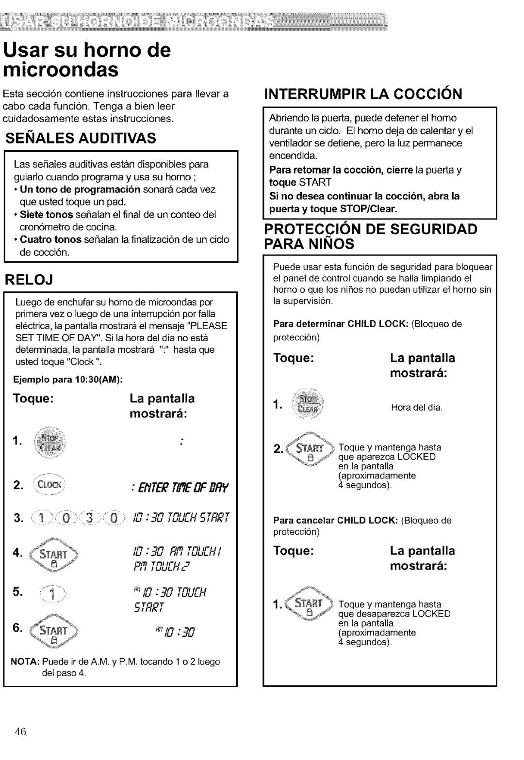 Kenmore 721.64682, 721.64689 manual Enales Auditivas, Reloj, Interrumpir LA Coccin, Para Ninos, Toque La pantalla Mostrar 