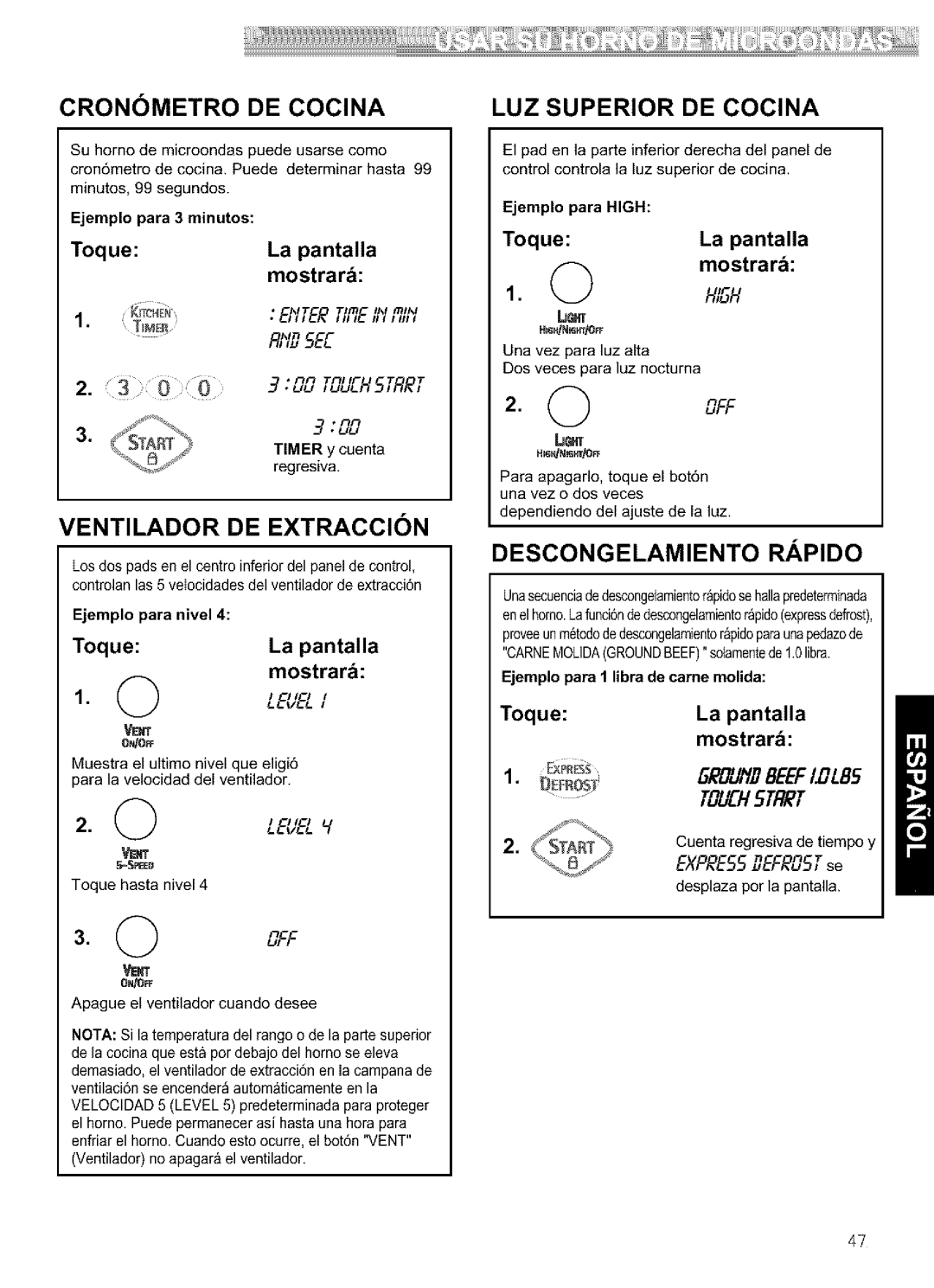 Kenmore 721.64683 manual Cronometro Decocina, Ventilador DE Extraccion, LUZ Superior DE Cocina, Descongelamiento Rapido 