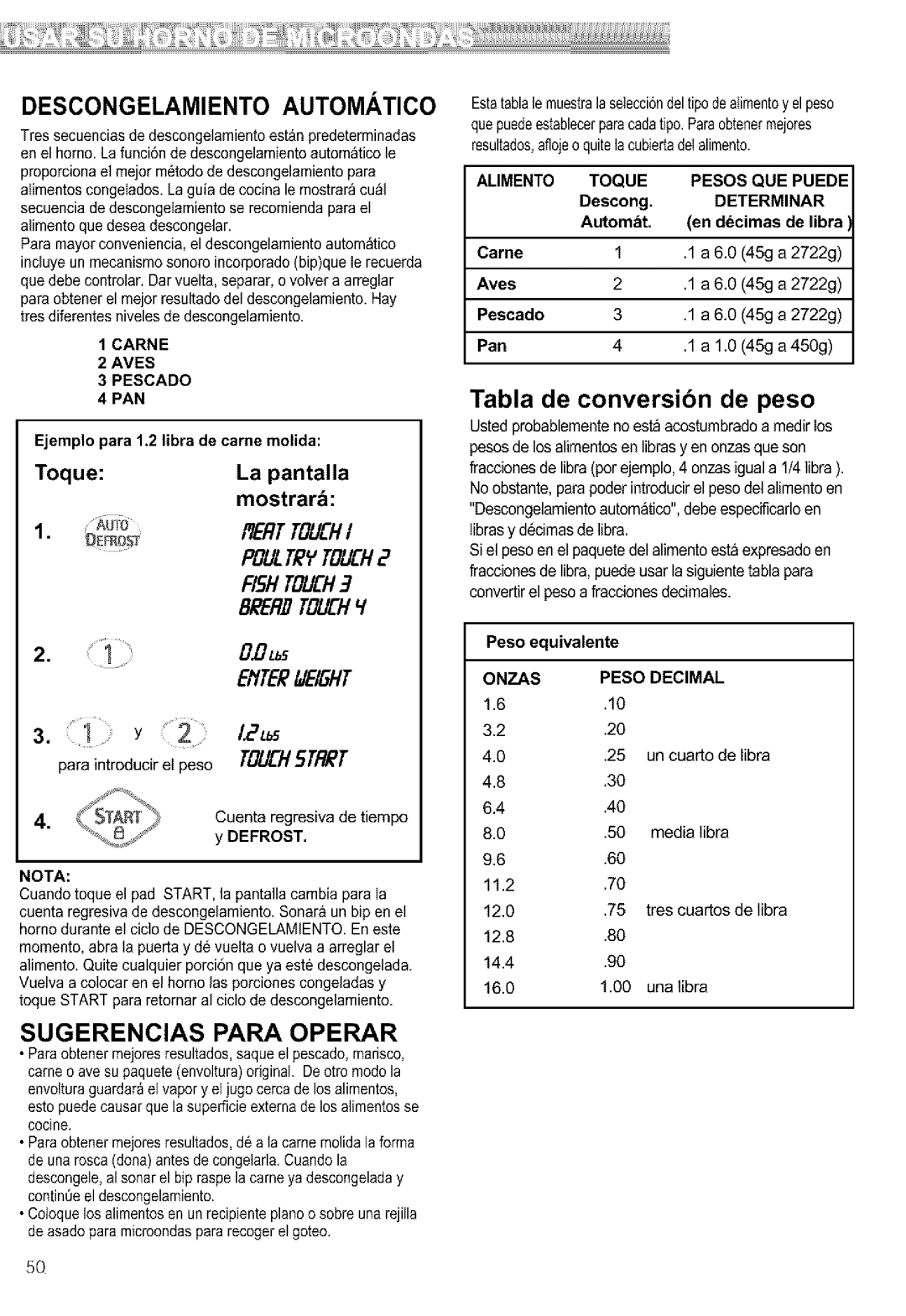 Kenmore 721.64682 manual Descongelamiento Automatico, Sugerencias Para Operar, Alimento Toque Pesos QUE Puede, Determinar 