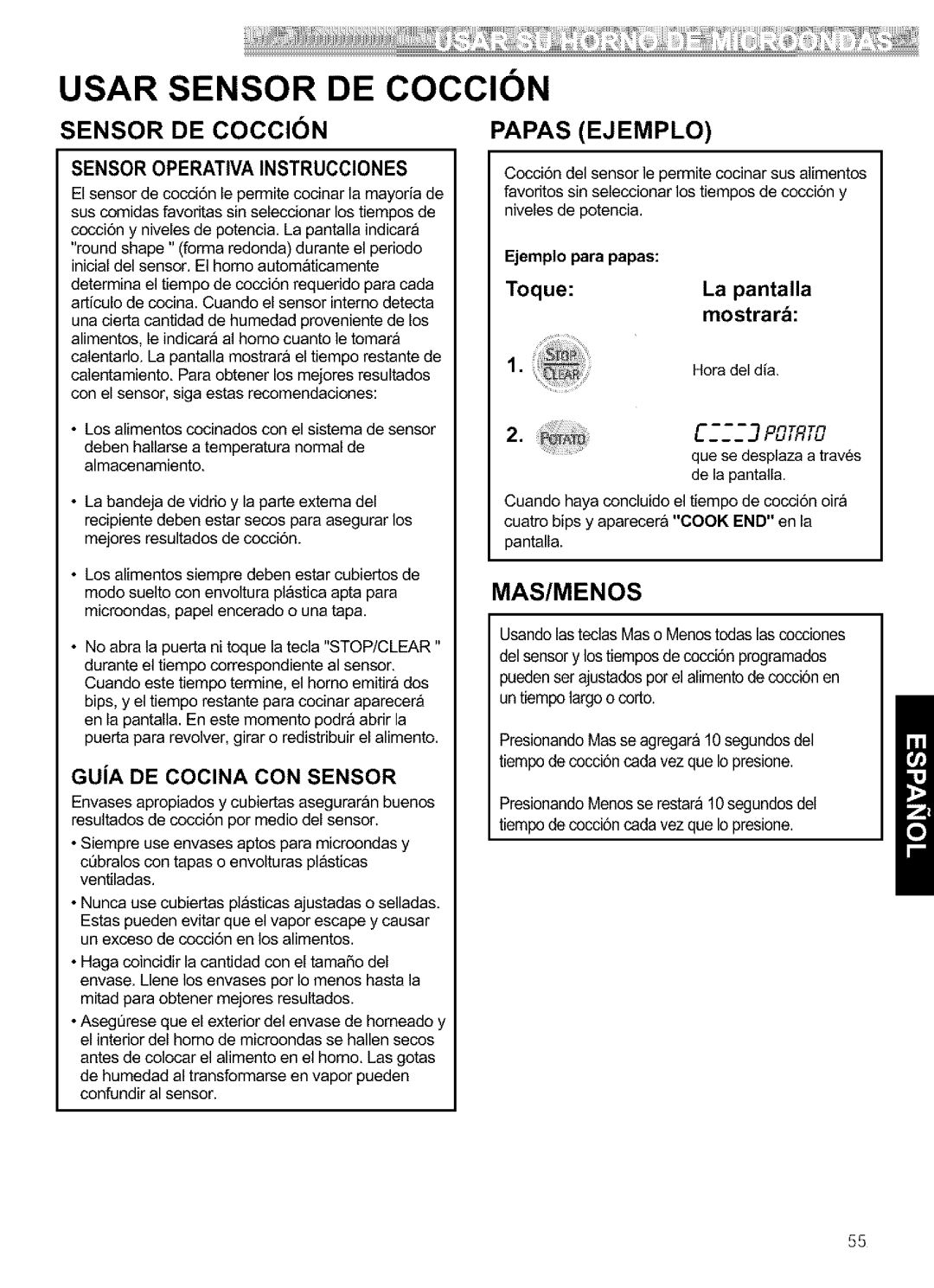 Kenmore 721.64683, 721.64689 Sensor DE Coccion Papas Ejemplo, Mas/Menos, GUiA DE Cocina CON Sensor, Ejemplo para papas 